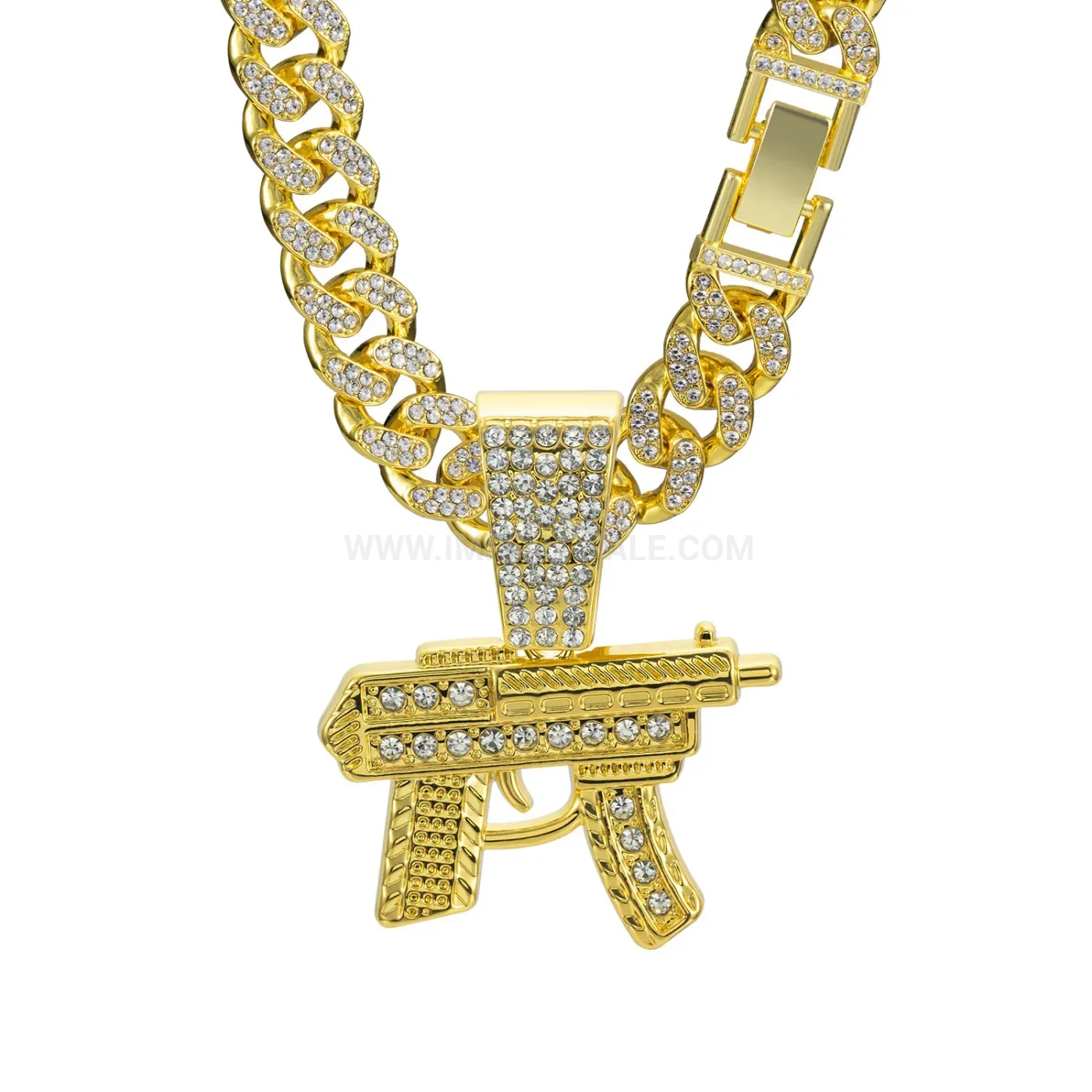 Elegant Rhinestone Submachine Gun Alloy Pendant Cuban Chain Necklace