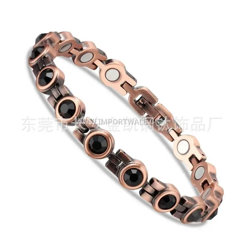Vintage Geometric Line Copper Magnetic Bracelet with Rhinestone Accents