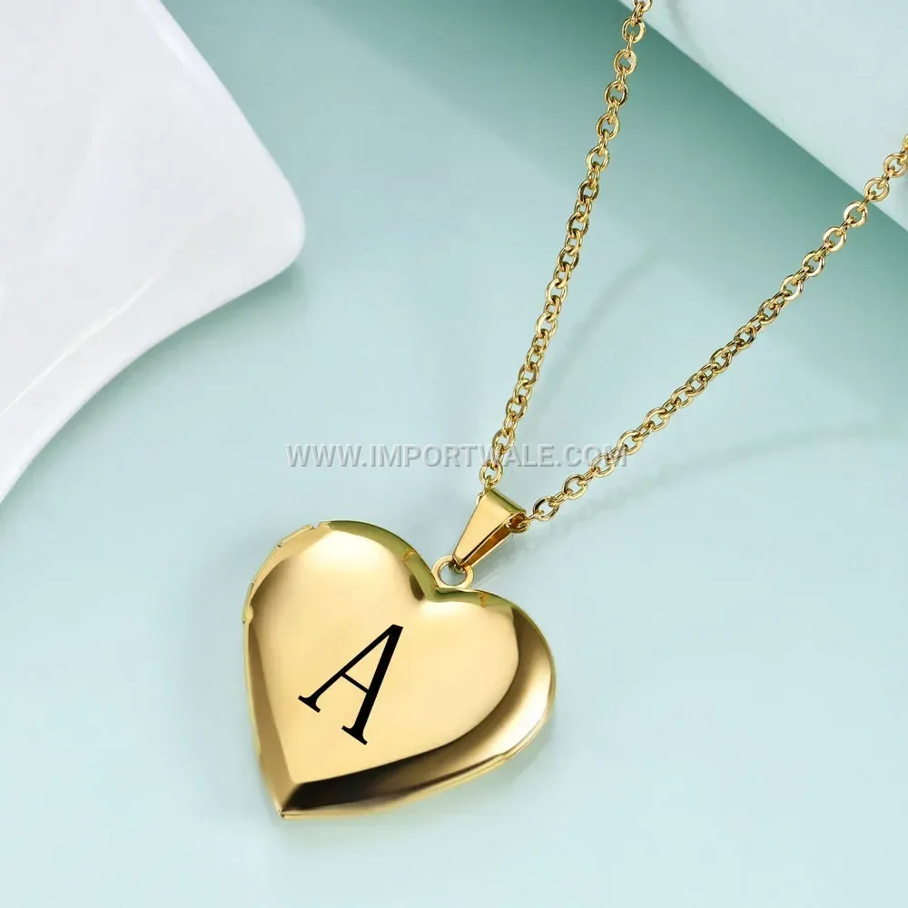 Engraved Initial Heart Locket Photo Pendant Stainless Steel Necklace