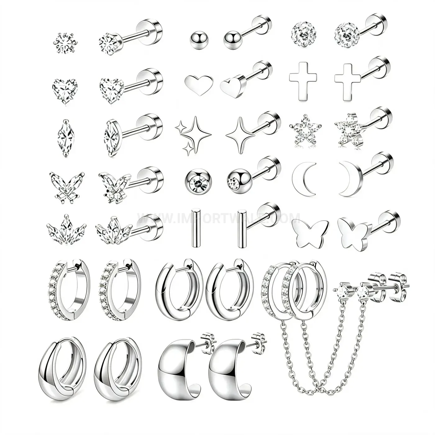 Chic Stainless Steel Star Butterfly Rhinestone Chain Double Piercing Earring Set