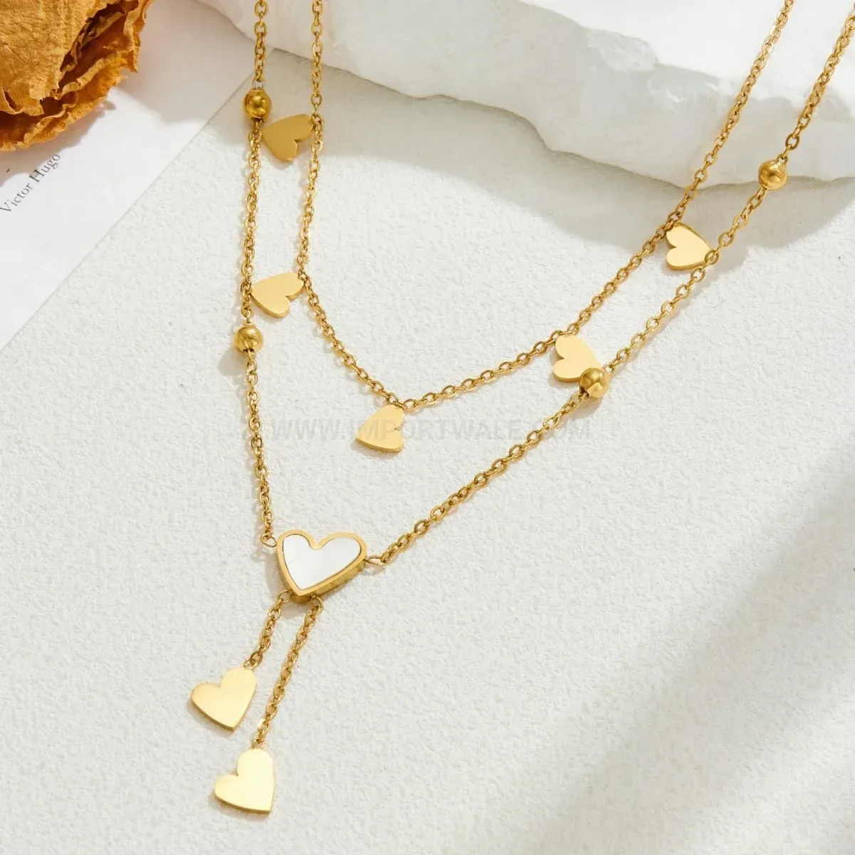 Gold Titanium Steel Heart Tassel Pendant Necklace