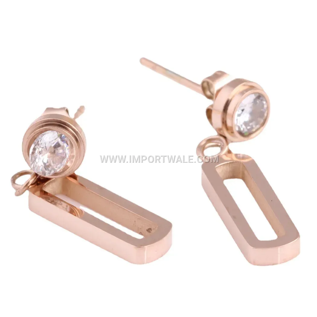 Hollow Rectangular Stainless Steel Stud Earrings with Zirconia