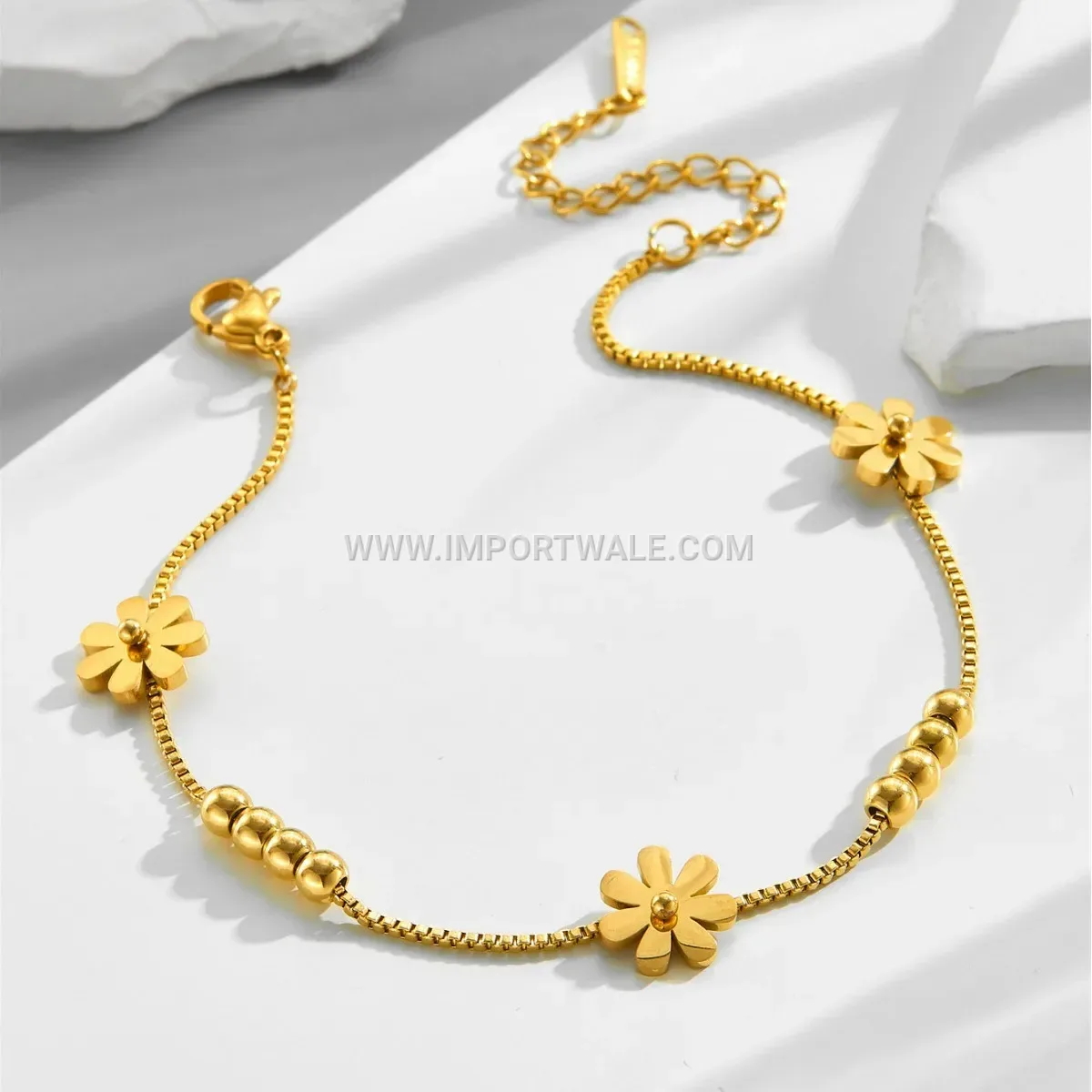 Delicate Daisy Bead Accent Gold Toned Premium Anklet Anti Tarnish