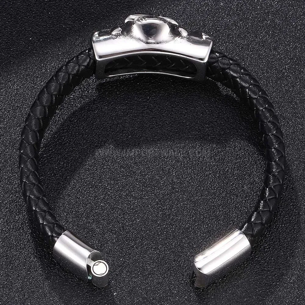 Classic Stainless Steel Owl Charm Black Leather Magnetic Bracelet
