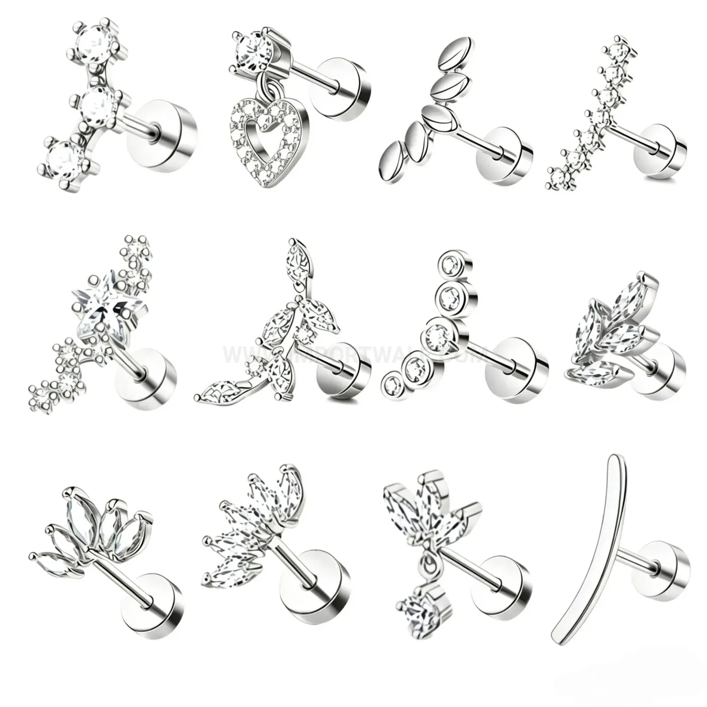 Fashion Zircon Heart Flat Back Stainless Steel Ear Cartilage Stud