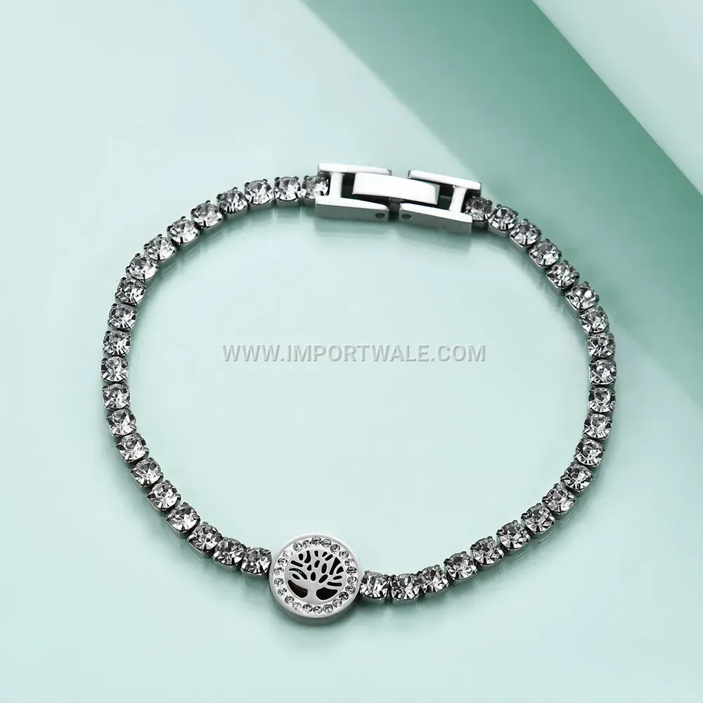 Stainless Steel Tree of Life Charm Bracelet with Zirconia Accent