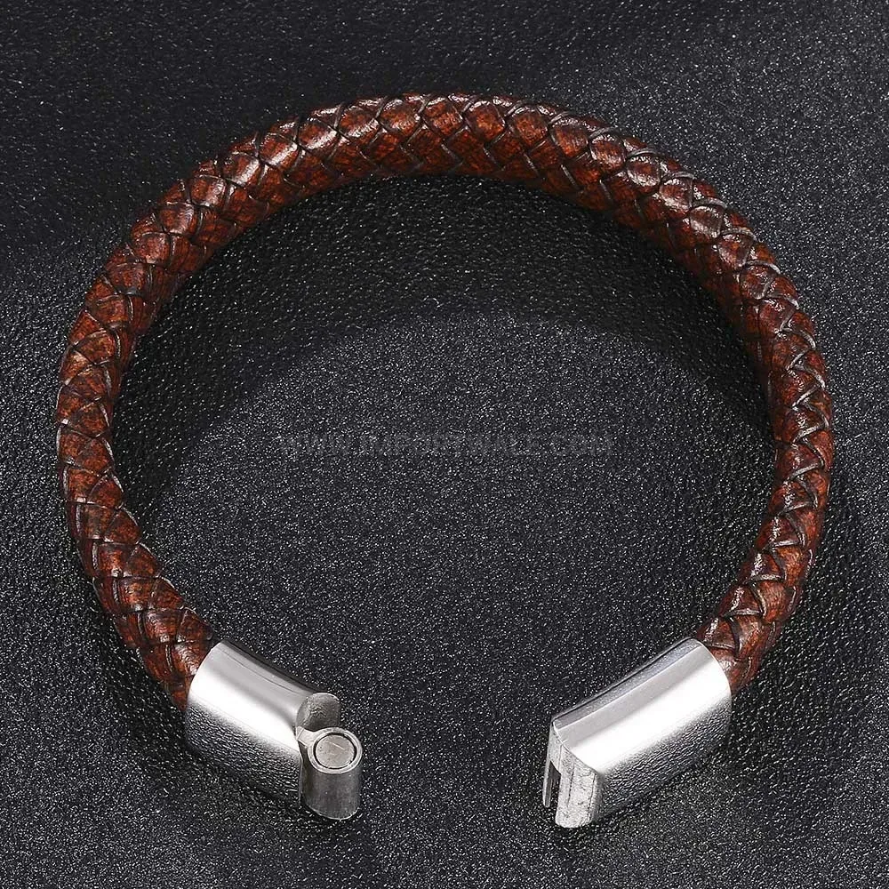 Braided Leather Cuffed Wristband with Stainless Steel Clasp