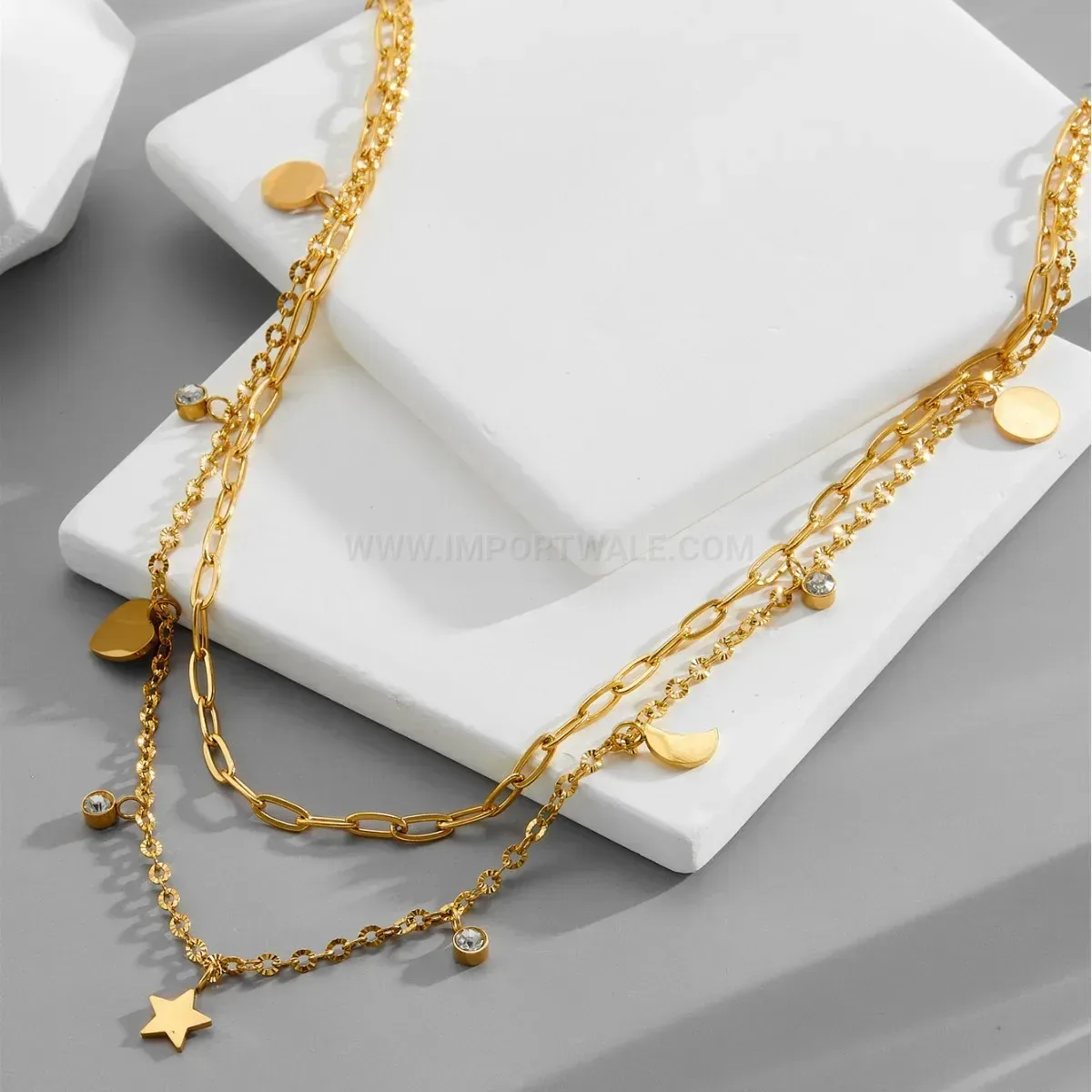 Fashion Layered Gold Star and Moon Pendant Titanium Steel Necklace