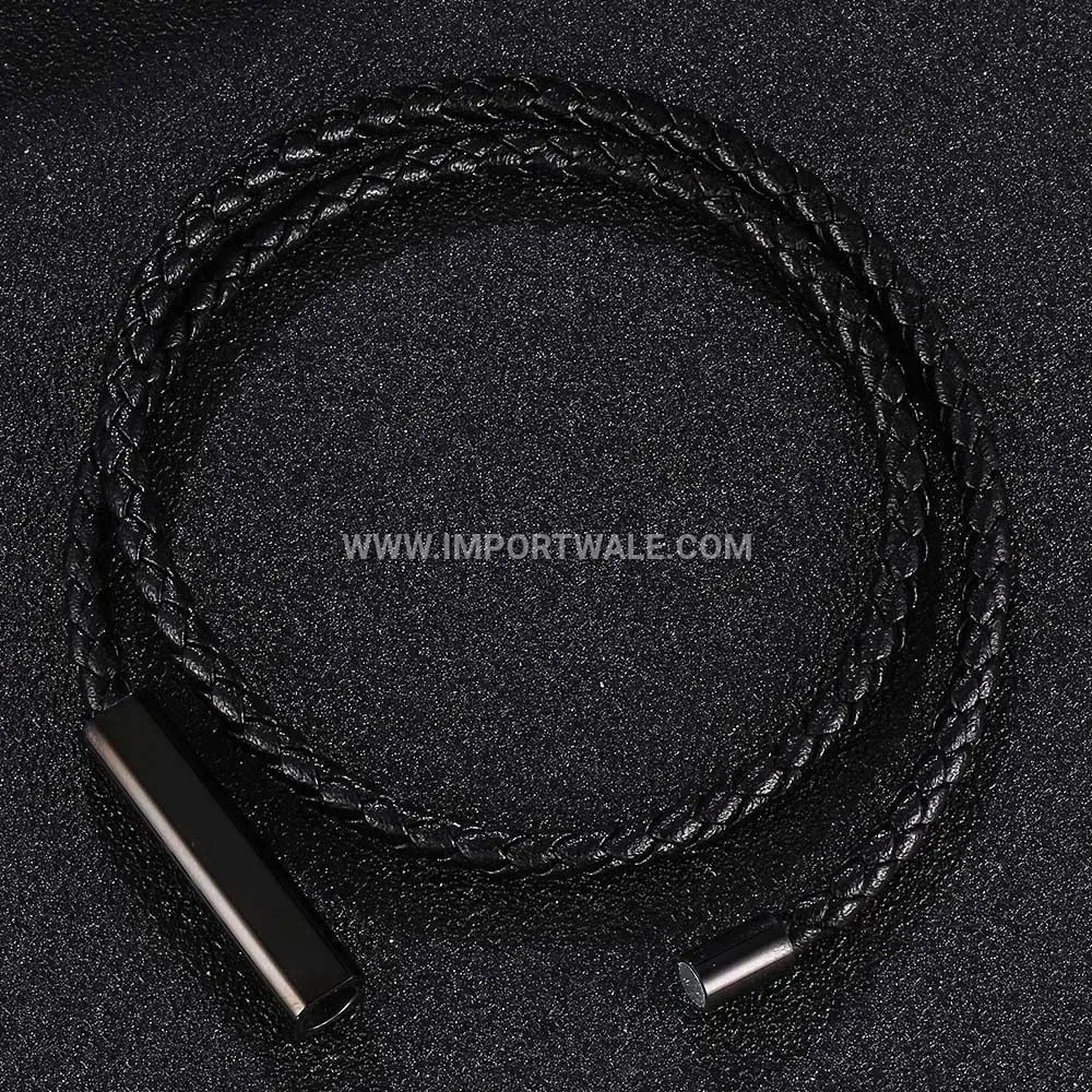 Dual Layer Woven Leather Bracelet with Stainless Steel Magnetic Clasp
