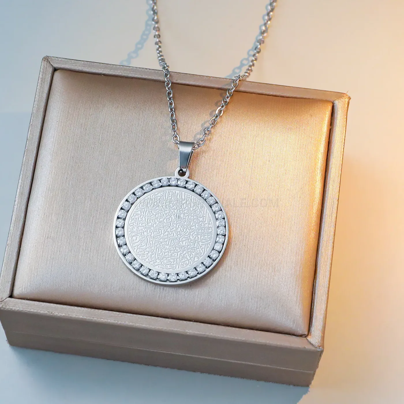 Bold Gold Plated Stainless Steel Zircon Ayatul Kursi Pendant Necklace