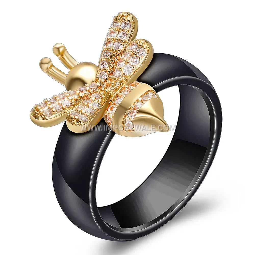 Bee Motif Micro-Pave Zirconia Polished Ceramic Band Ring