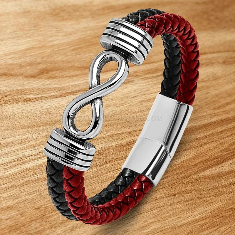 Infinity Symbol Stainless Steel Two Tone Leather Men's Bracelet