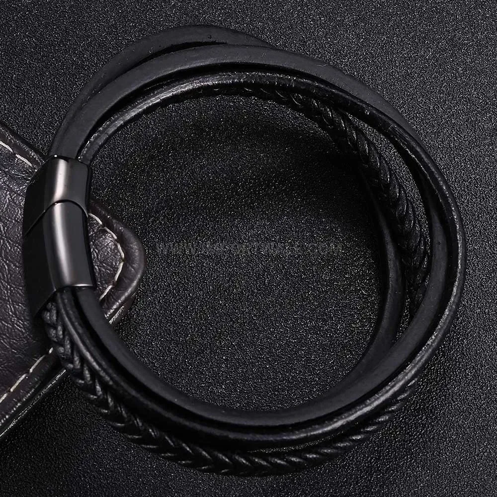Multi Layer Braided Leather Stainless Steel Men Bracelet
