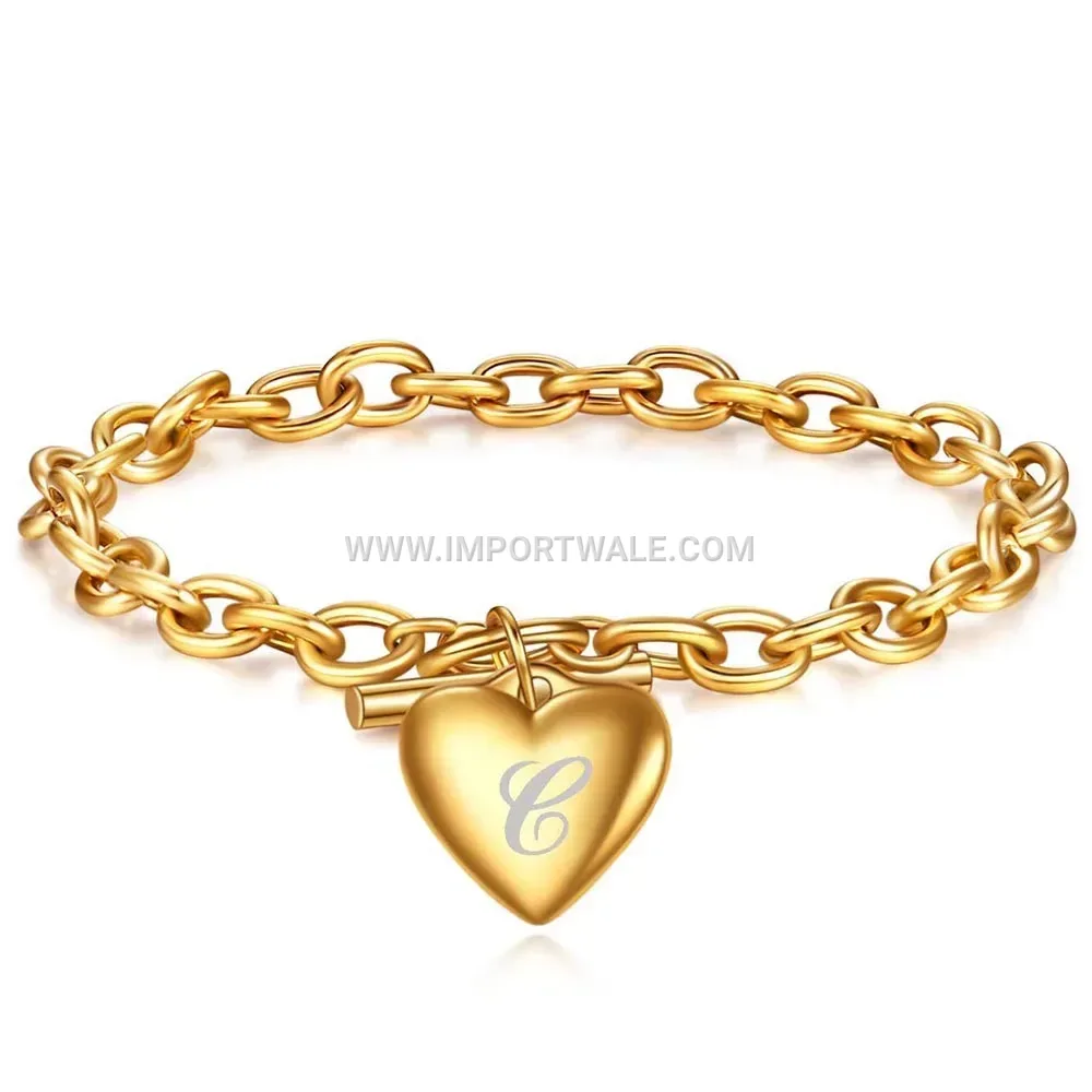 Sleek Stainless Steel Heart Letter Pendant Toggle Bracelet