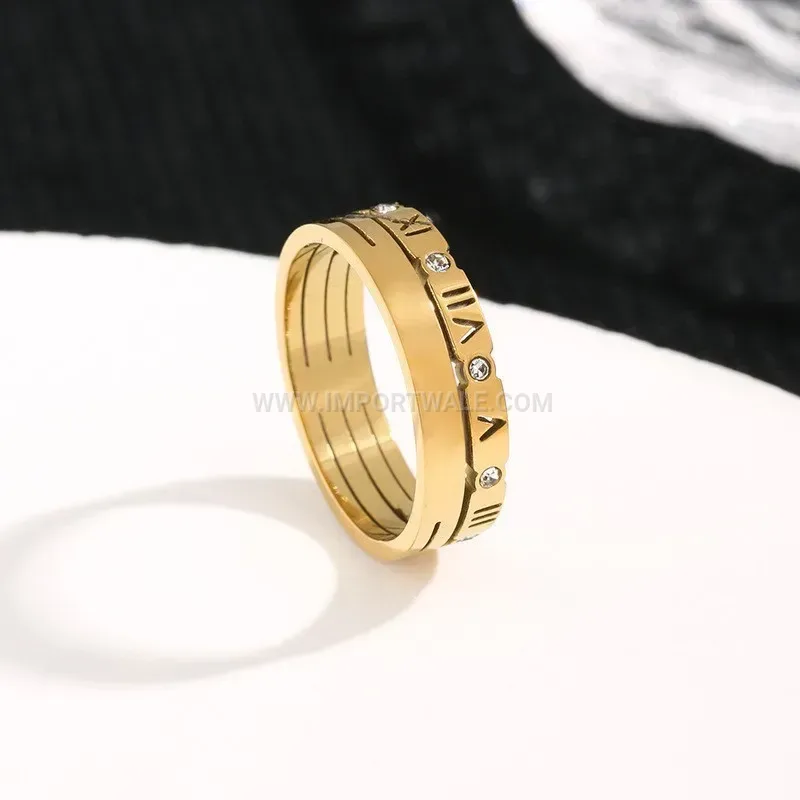 Cutout Roman Numeral Crystal Gold Titanium Band Ring