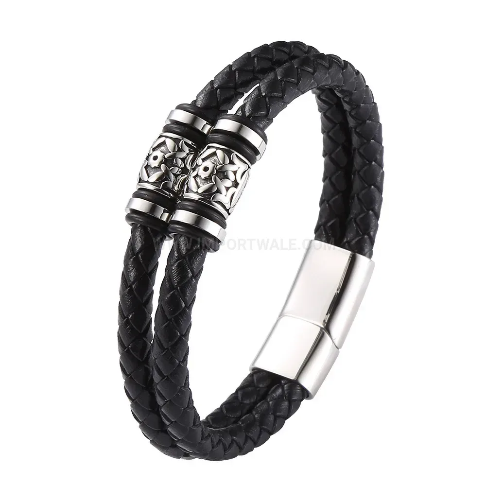 Multi Layer Woven Leather Stainless Steel Mens Bracelet