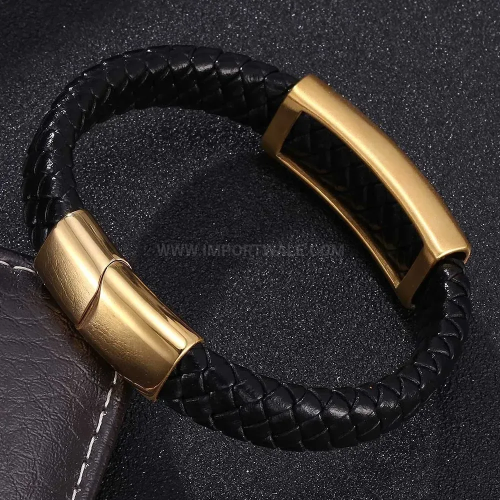 Woven Leather Braided Cuff Bracelet With Stainless Steel Accents
