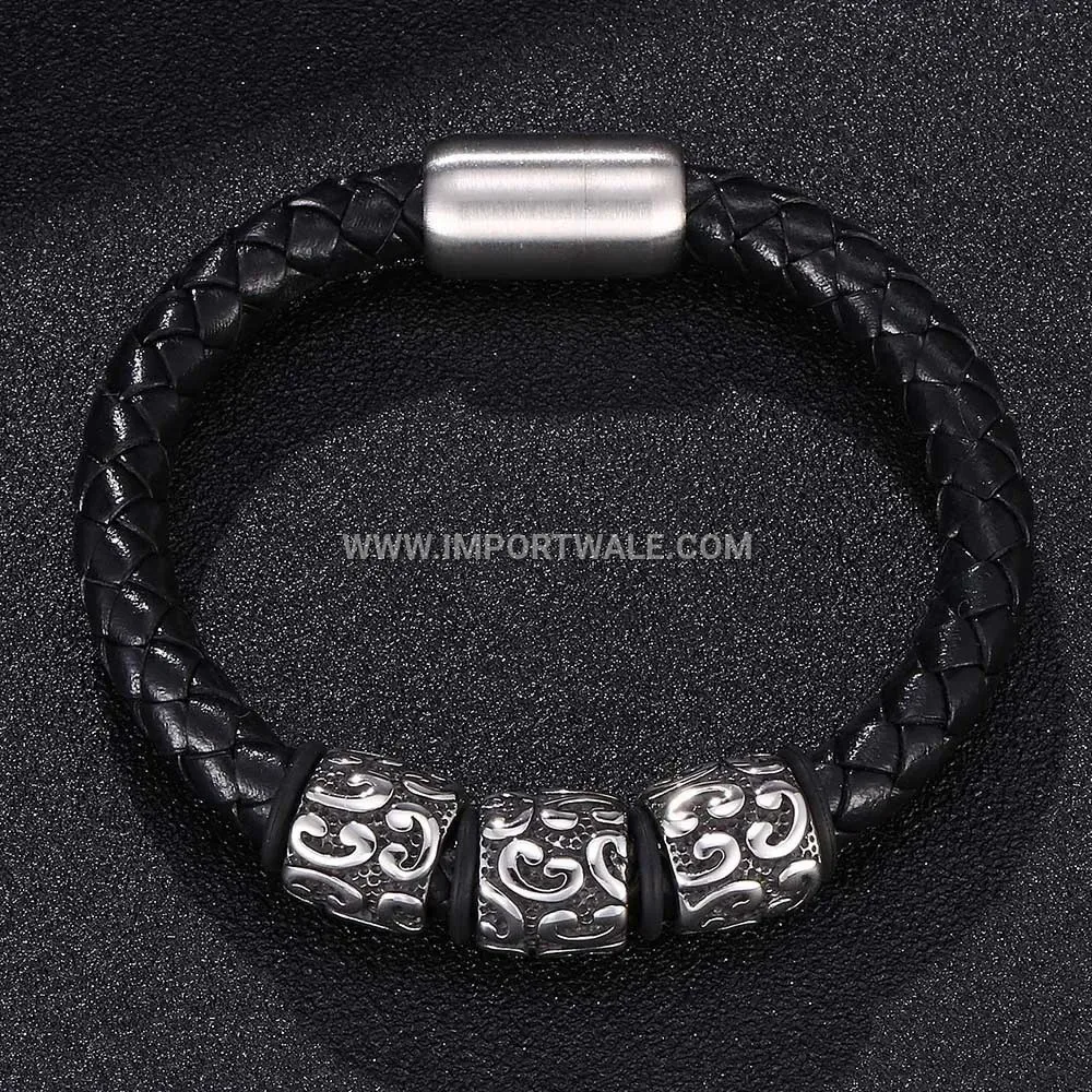 Vintage Engraved Stainless Steel Magnetic Leather Cuff Bracelet