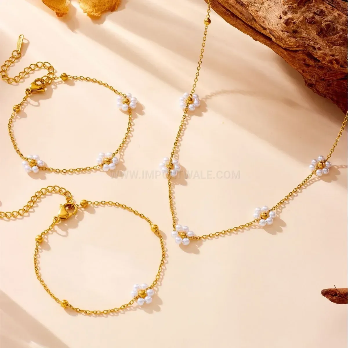 Classic Titanium Steel Floral Pearl Pendant Snake Chain Jewelry Set
