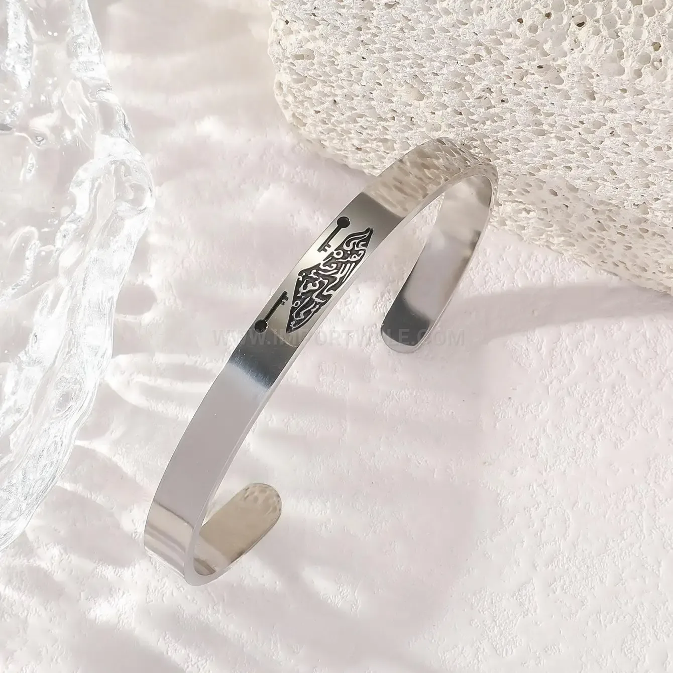 Stainless Steel Arabic Map Calligraphy Open Cuff Bracelet