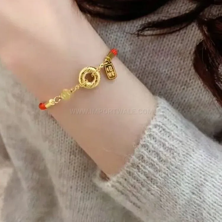 Trendy Gold Plated Coin Accent Red String Titanium Steel Bracelet