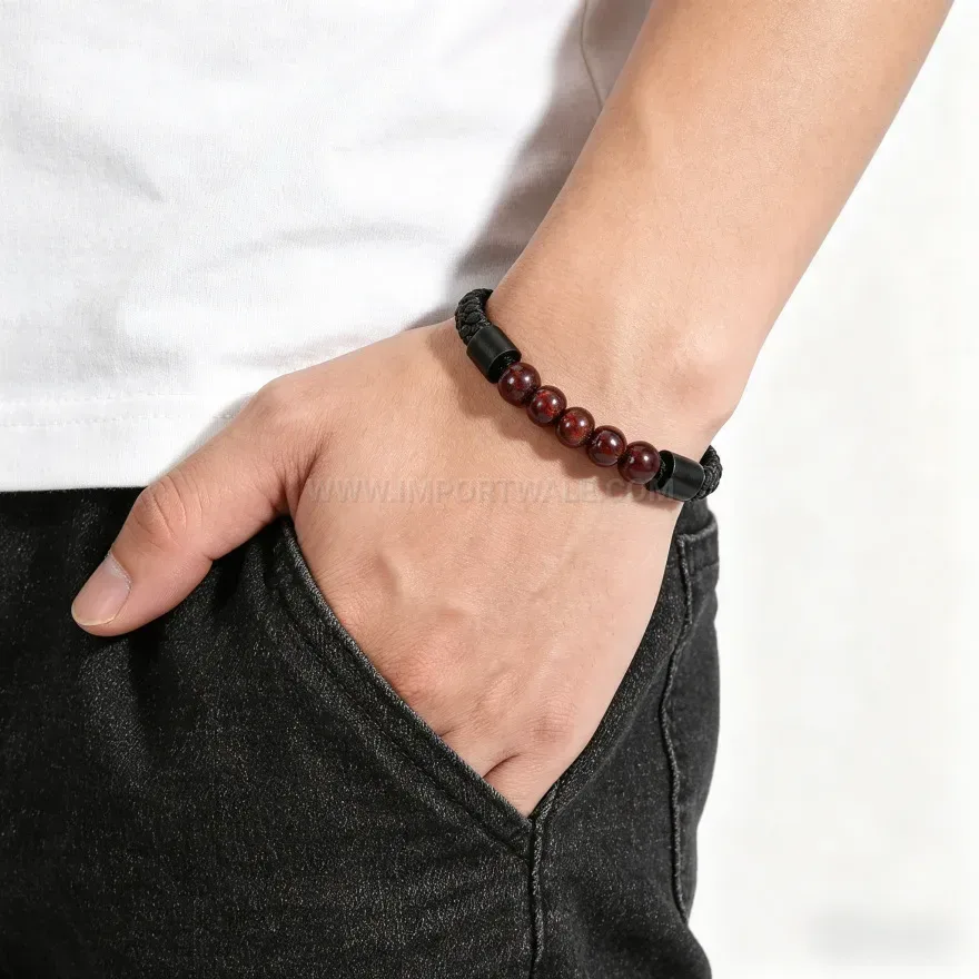 Bold Natural Volcanic Stone Braided Leather Bracelet with Magnetic Clasp