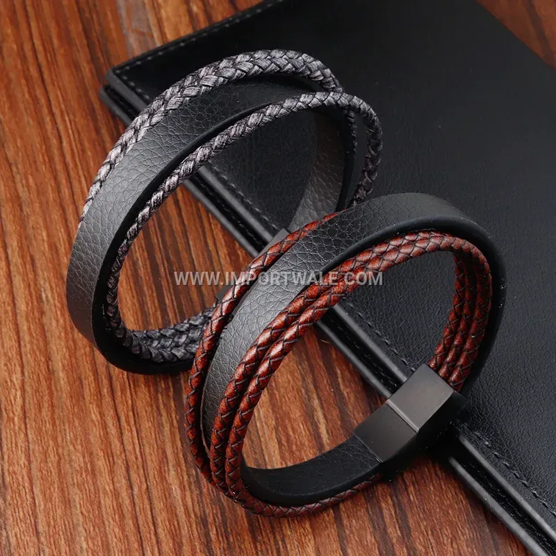 Multi-Strand Woven Leather Rope Bracelet with Alloy Hardware