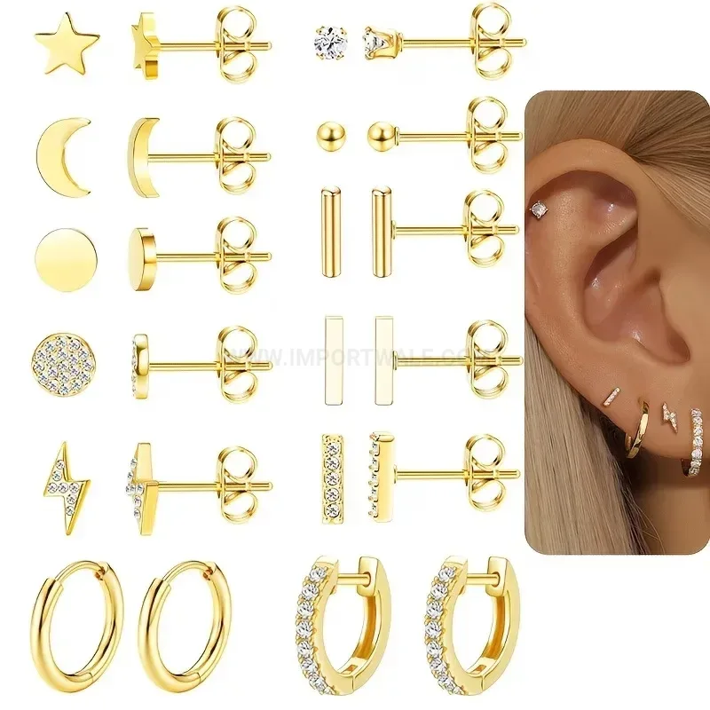 Modern Minimalist Celestial Stainless Steel Stud and Hoop Earring Set