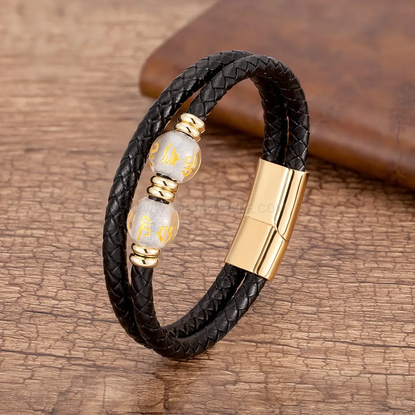 Vintage Natural Stone Leather Bracelet With Stainless Steel Magnetic Closure