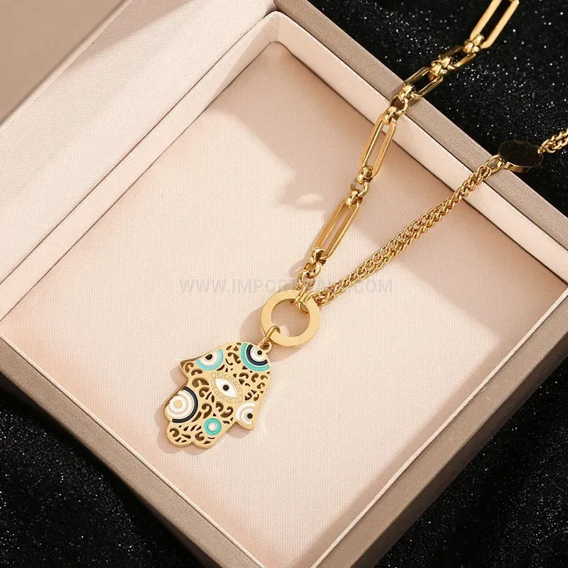 Bold Stainless Steel Enamel Hamsa Hand Jewelry Set