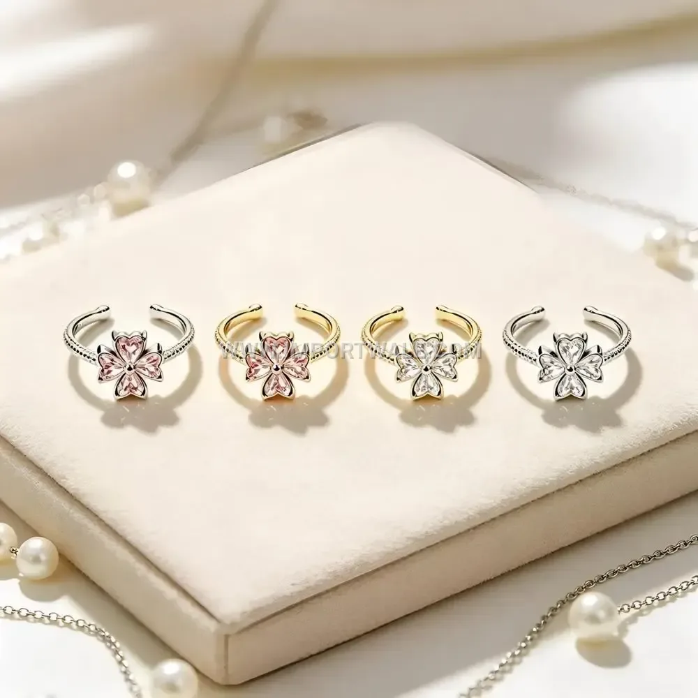 Floral Inlaid Zircon Open Adjustable Stainless Steel Ring