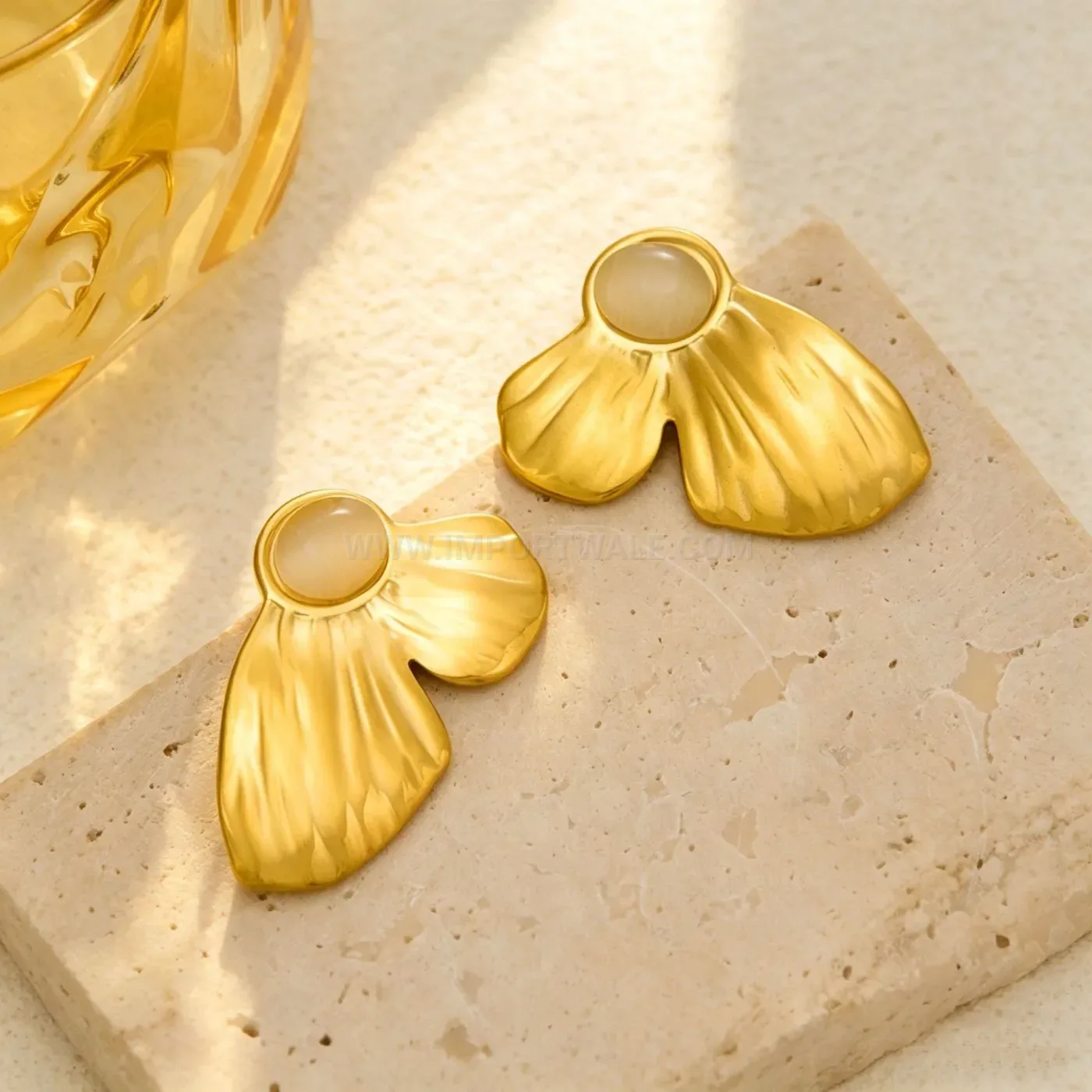 Ginkgo Leaf Cat Eye Stainless Steel Stud Earrings