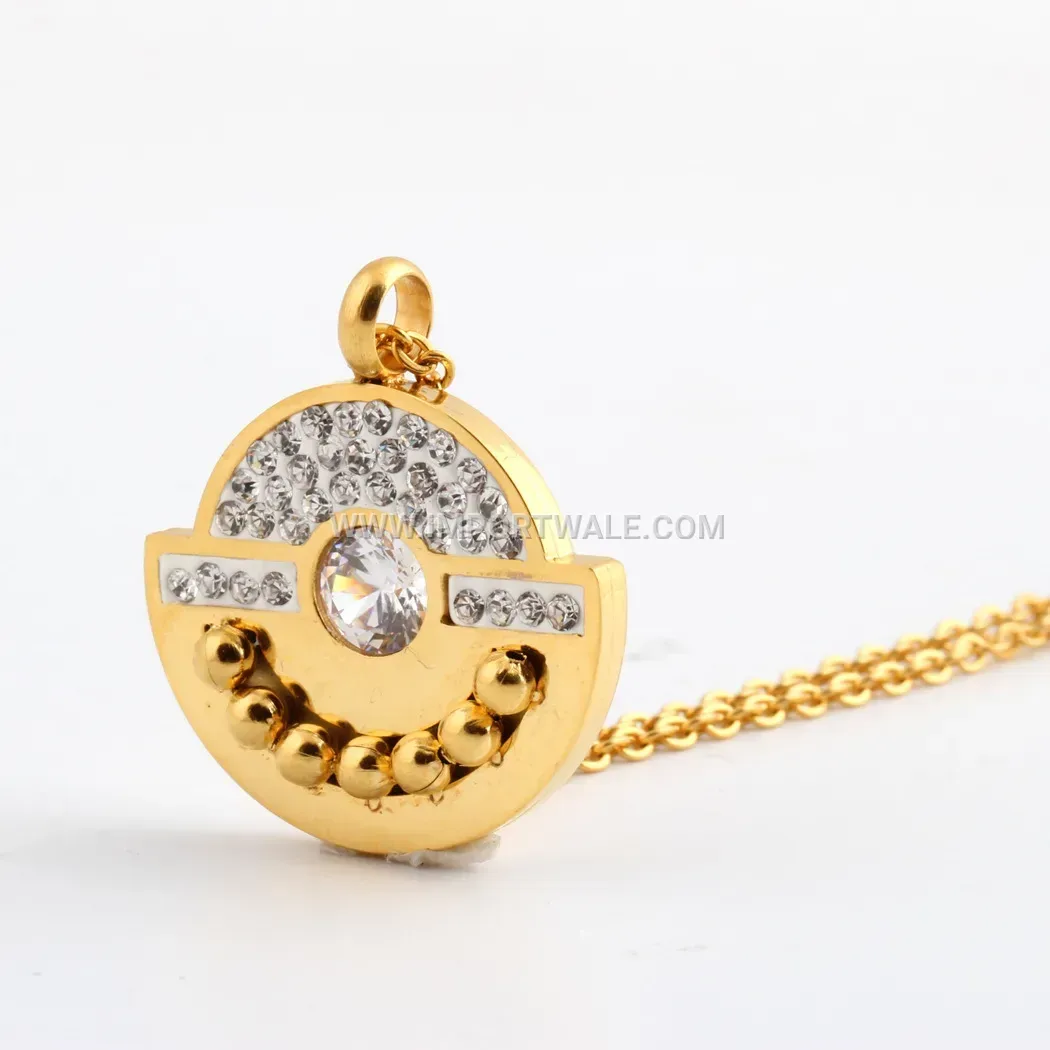 Gold Stainless Steel Geometric Rhinestone Semi-Circle Pendant Necklace