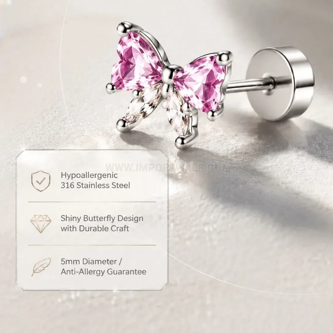 Elegant Pink Floral Cubic Zirconia Flat Back Stainless Steel Earring Set