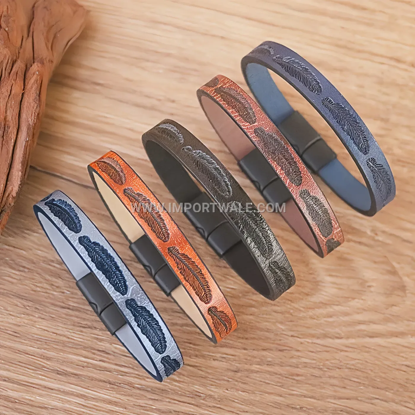 Retro Feather Print Leather Cuff Bracelet with Geometric Accent