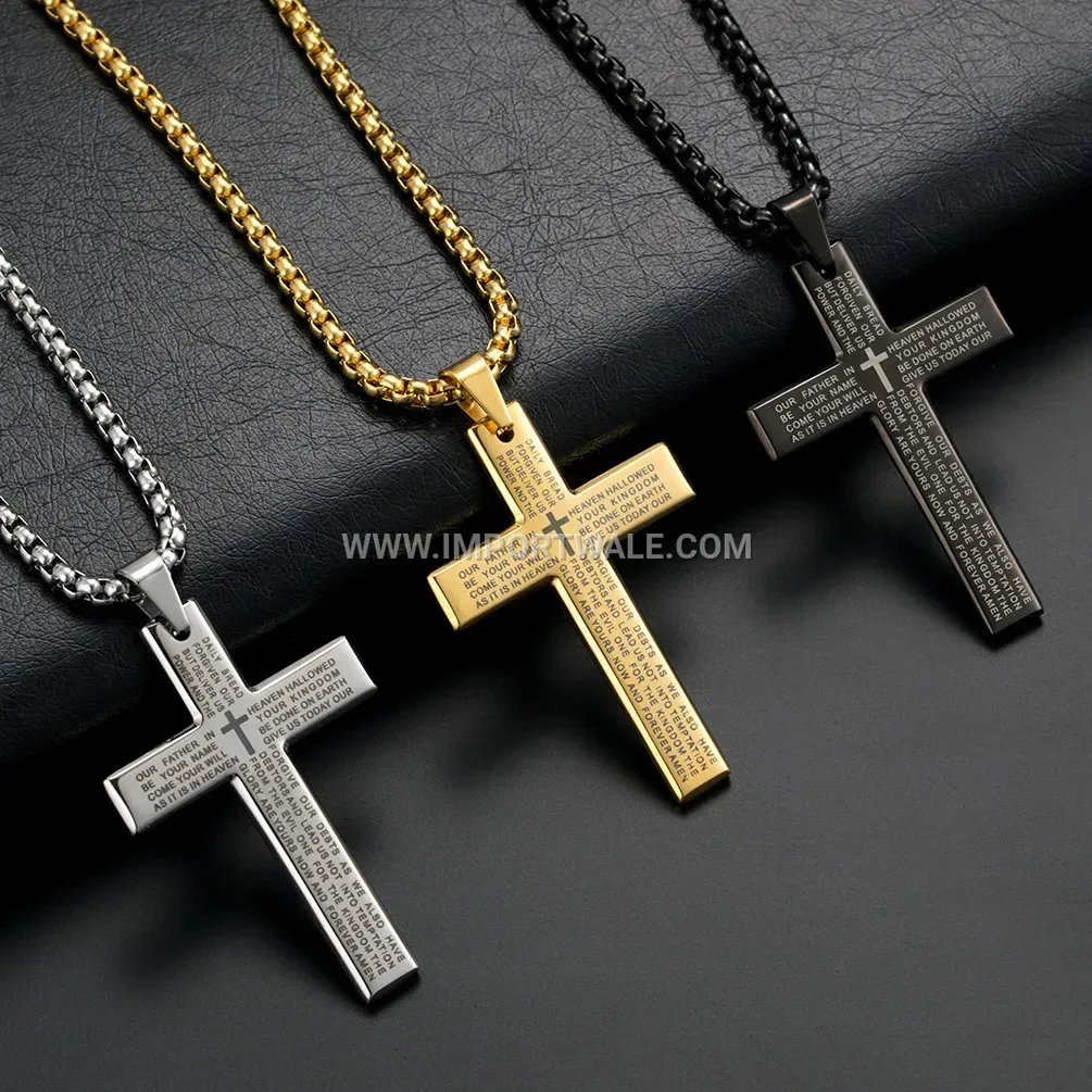 Eighteen Karat Gold Plated Stainless Steel Scripture Cross Pendant Necklace