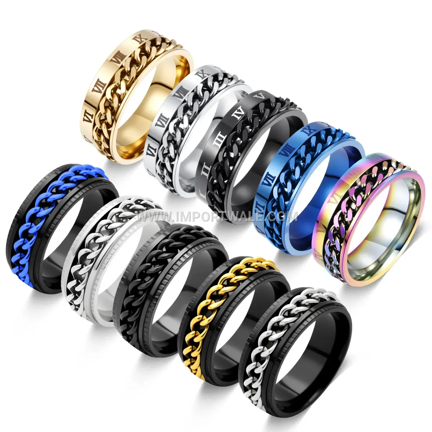 Rotatable Chain Stainless Steel Roman Numeral Ring Set
