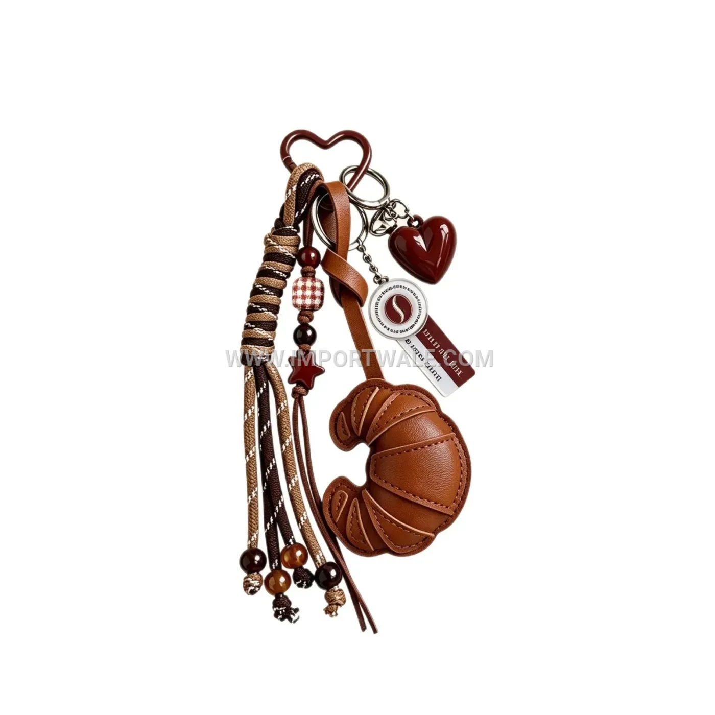 Leather Croissant and Beaded Heart Bag Charm
