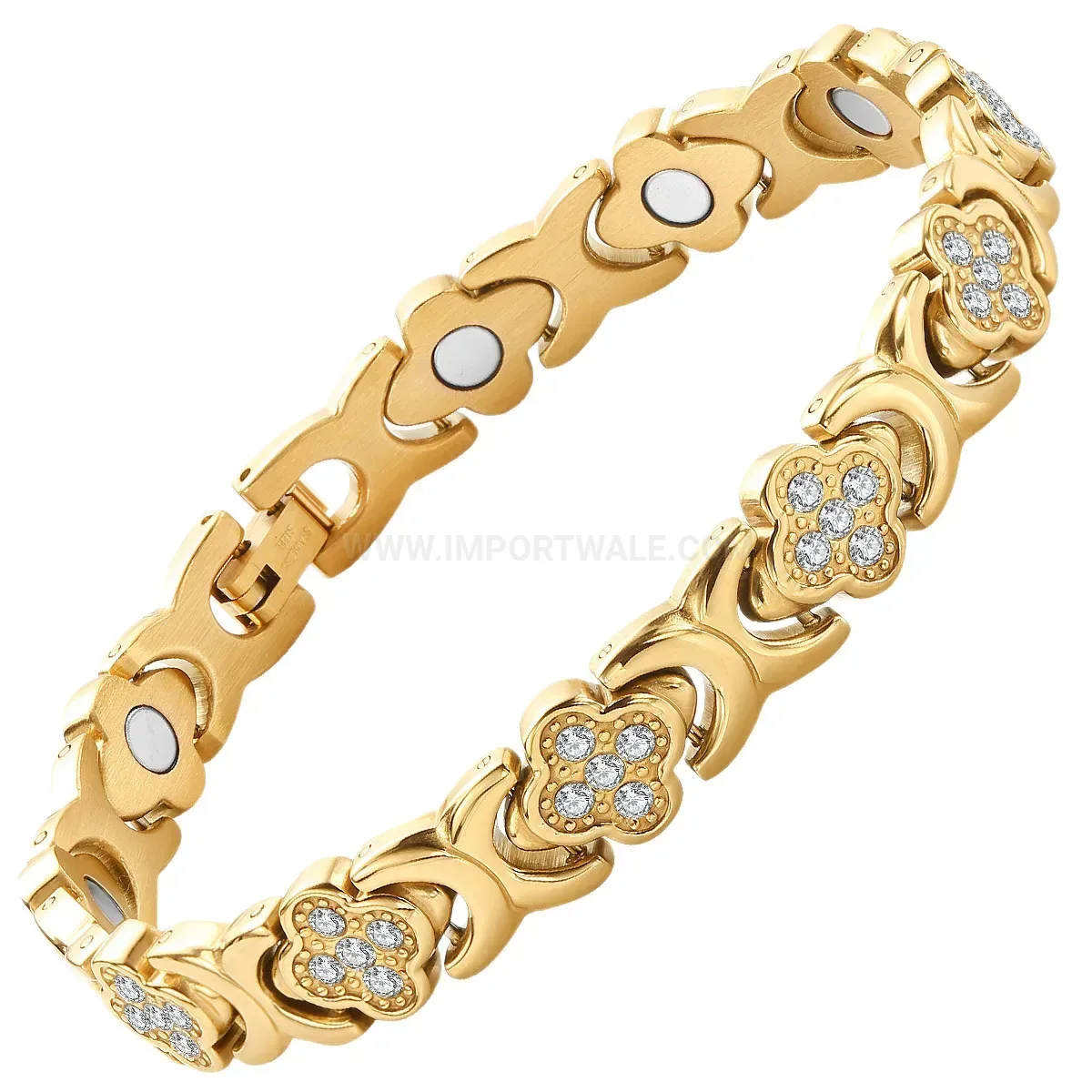 Designer Clover Crystal Inlaid Titanium Steel Magnetic Bracelet