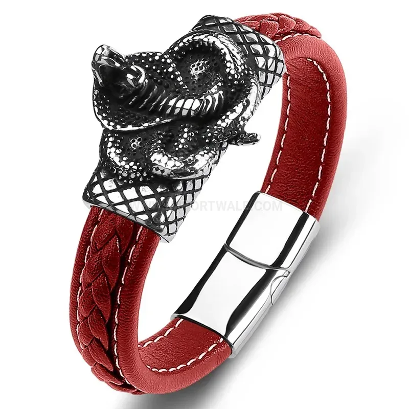 Modern Cobra Emblem Stainless Steel Genuine Leather Men Bracelet
