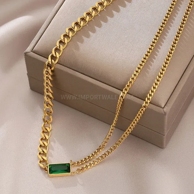 Vintage Titanium Steel Emerald Zircon Geometric Choker Necklace