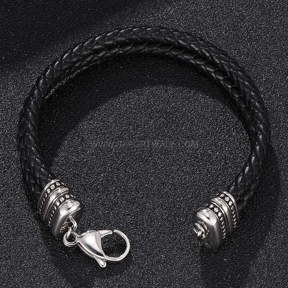 Hand-Braided Leather and Stainless Steel Geometric Cuff Bracelet