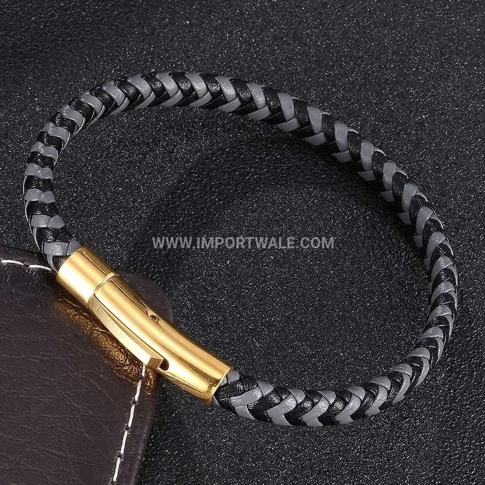 Two-Tone Braided Leather Strap with Gold Tone Stainless Clasp