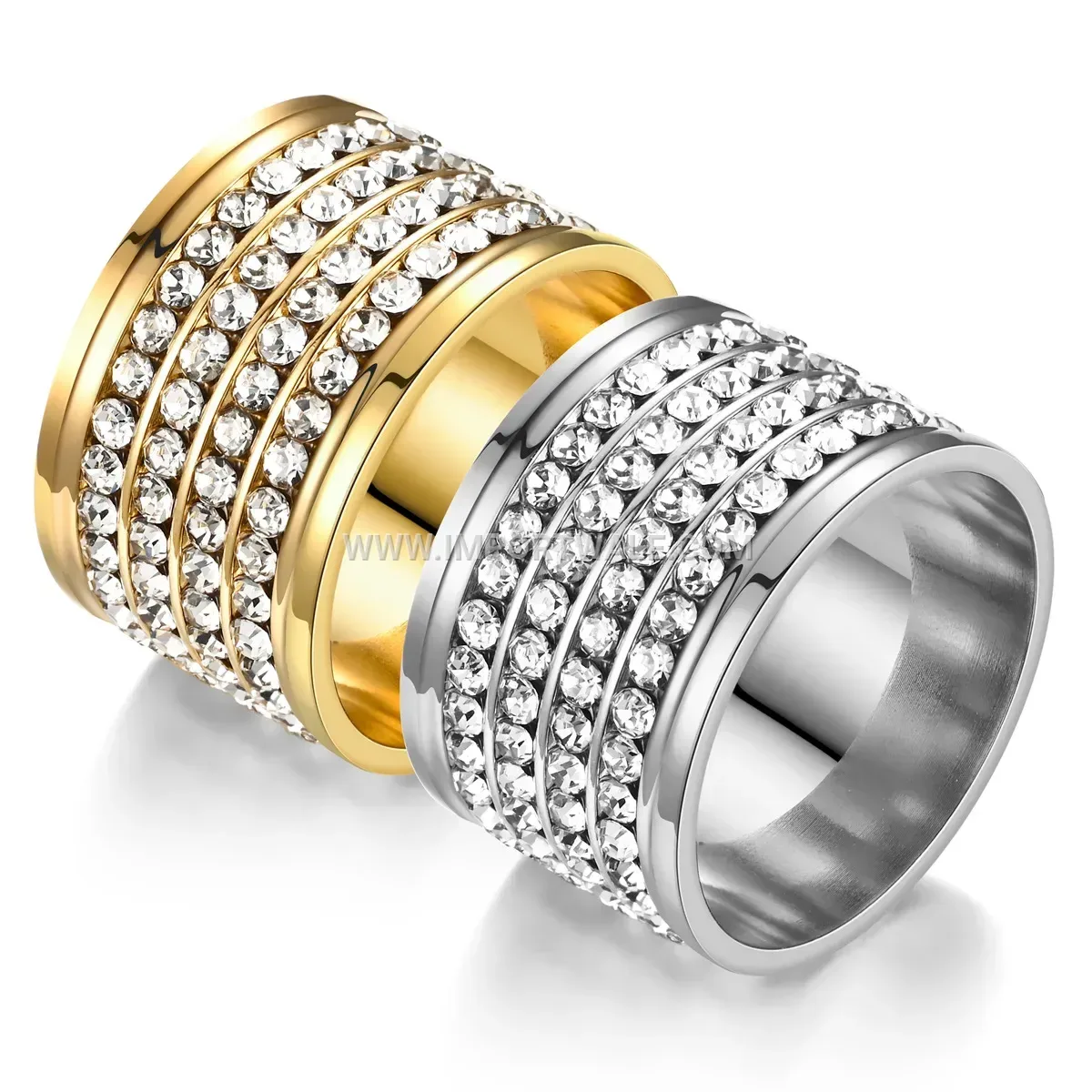 Four-Row Rhinestone Wide Stainless Steel Band Ring