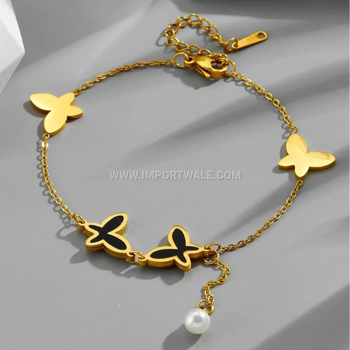 Gold Titanium Steel Butterfly Pearl Tassel Anti Tarnish Anklet