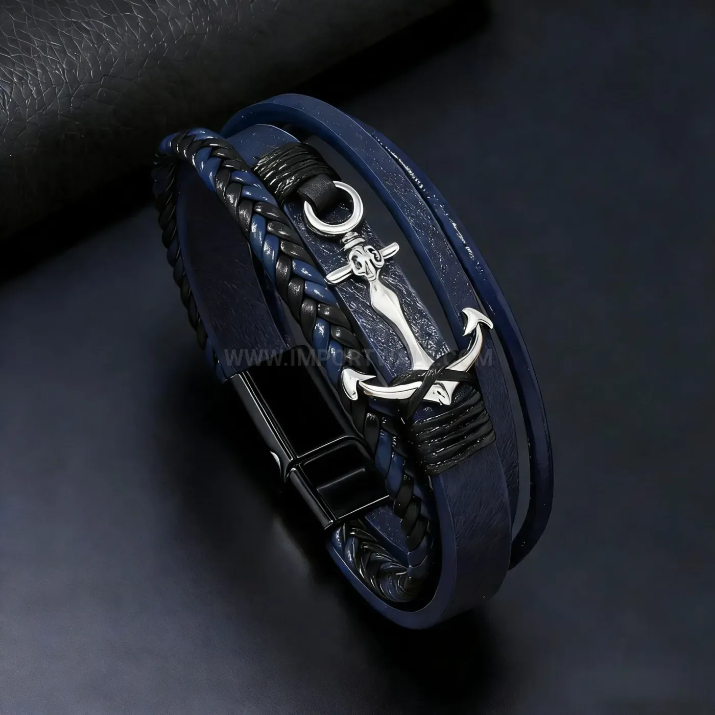 Designer Multi Strand Leather Anchor Bracelet with Automatic Magnetic Clasp