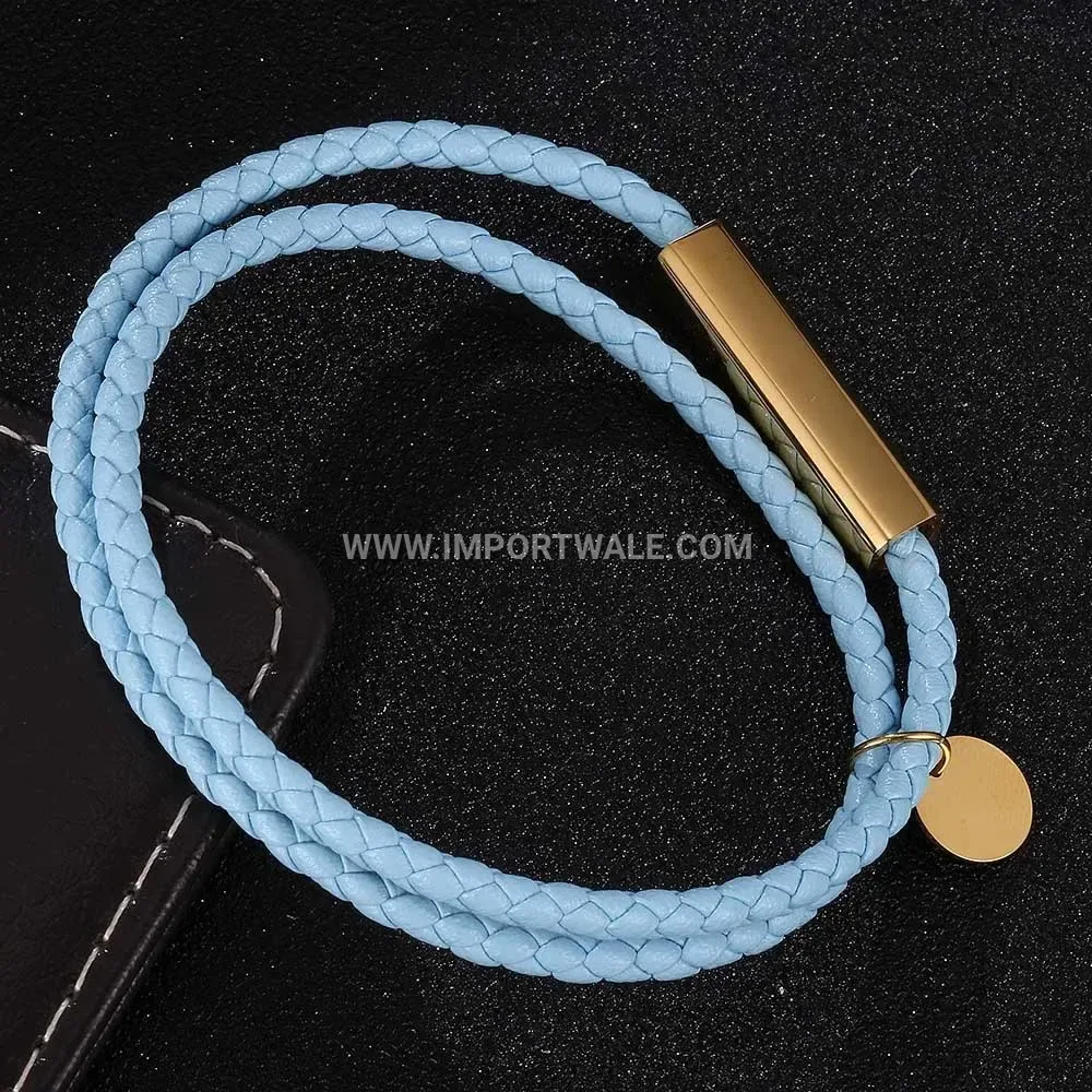 Layered Leatherette Stainless Steel Tag Bracelet