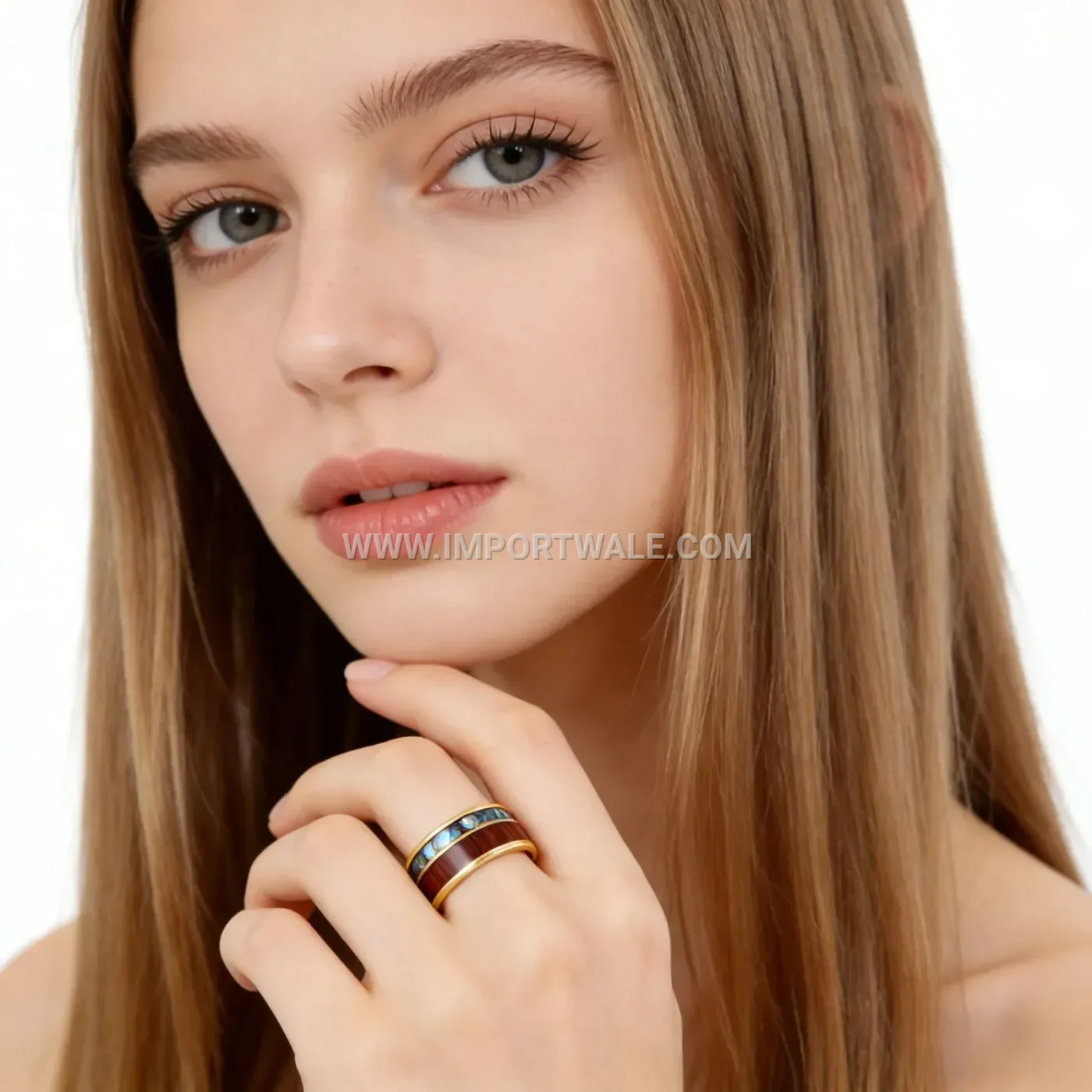 Wood Grain Abalone Shell Inlay Stainless Steel Ring