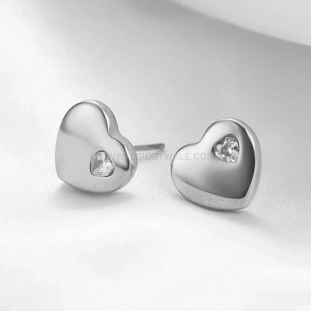 Polished Heart Stainless Steel Crystal Stud Earrings