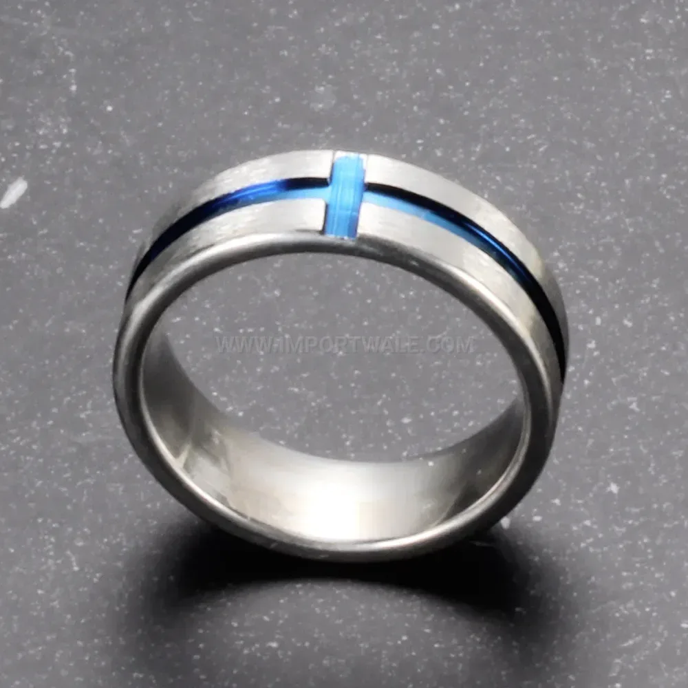 Stylish Blue Drip Epoxy Cross Accent Stainless Steel Band Ring